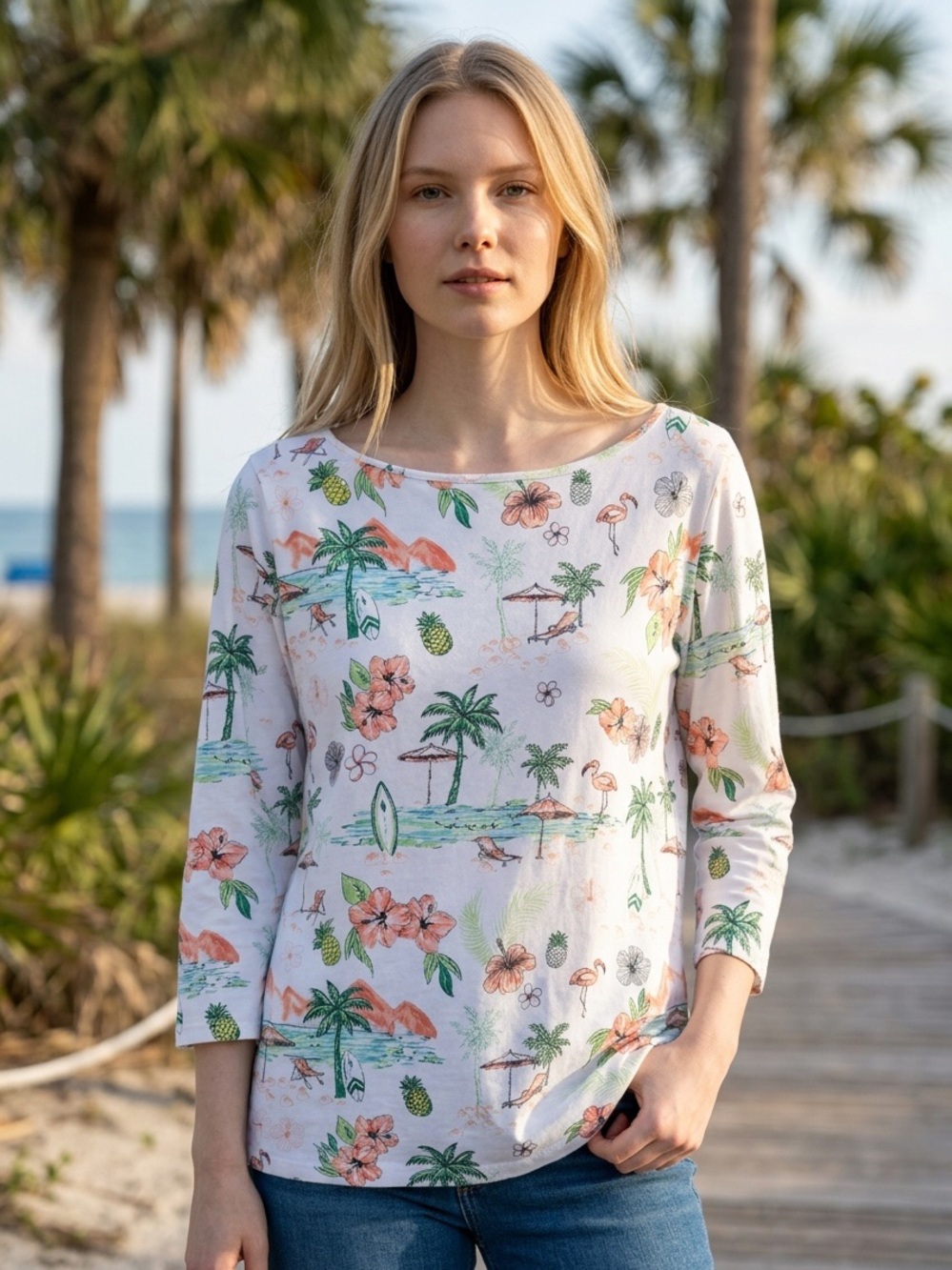 Talbots White Tropical Floral Tee with Green and Coral Accents